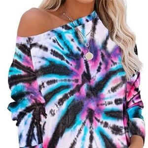 BIBI Blue & Fuchia Tie Dye Abstract Long Sleeve Top Size Medium NWT